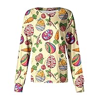 Womens Easter Scrub Jacket Long Sleeve Snap Front Uniforms Workwear Funny Bunny Printed Scrubs Tops