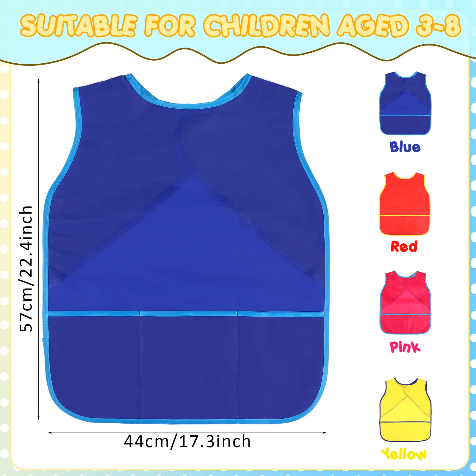 Juinipe 12 Pcs Art Smock for Kids Waterproof Artist Painting Aprons Sleeveless Children Art Smocks with Pockets Middle Size Kids Painting Smock for Age 3 to 8 Years Paint Art Craft Activity, 4 Colors