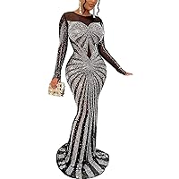 Womens Sexy Long Sleeve O Neck Mesh Rhinestones Bodycon Party Clubwear Prom Gown Dress