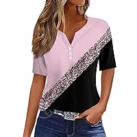 Womens Spring Tops T Shirt Tee Print Button Short Sleeve Daily Weekend Basic V- Neck Regular Top