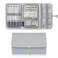 MATEIN Jewellery Rolls for Travelling, Large Leather Travel Case, Portable Jewelry Necklace Organiser Earring Storage Box for Journey-Rings, Grey