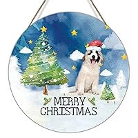Watercolor Xmas Winter Sign Wood Decor Santa Hat Dog in Snow Wood Sign Christmas Round Sign New Year Seasonal Dog Belgian Shepherd Round Sign for Front Porch Door 10x10in