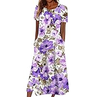 Maxi Dresses for Women,Summer Trendy Floral Printed Sundress,Casual Loose Crewneck Short Sleeve Midi Dress w/Pocket