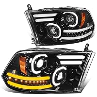 DNA MOTORING HL-HAY-019-BK LED Sequential Chase Turn Signal Half-Ring Halo Headlights Compatible with 09-18 Dodge Ram 1500 10-18 2500 3500 Fits 09-12 Models without Quad Lamps