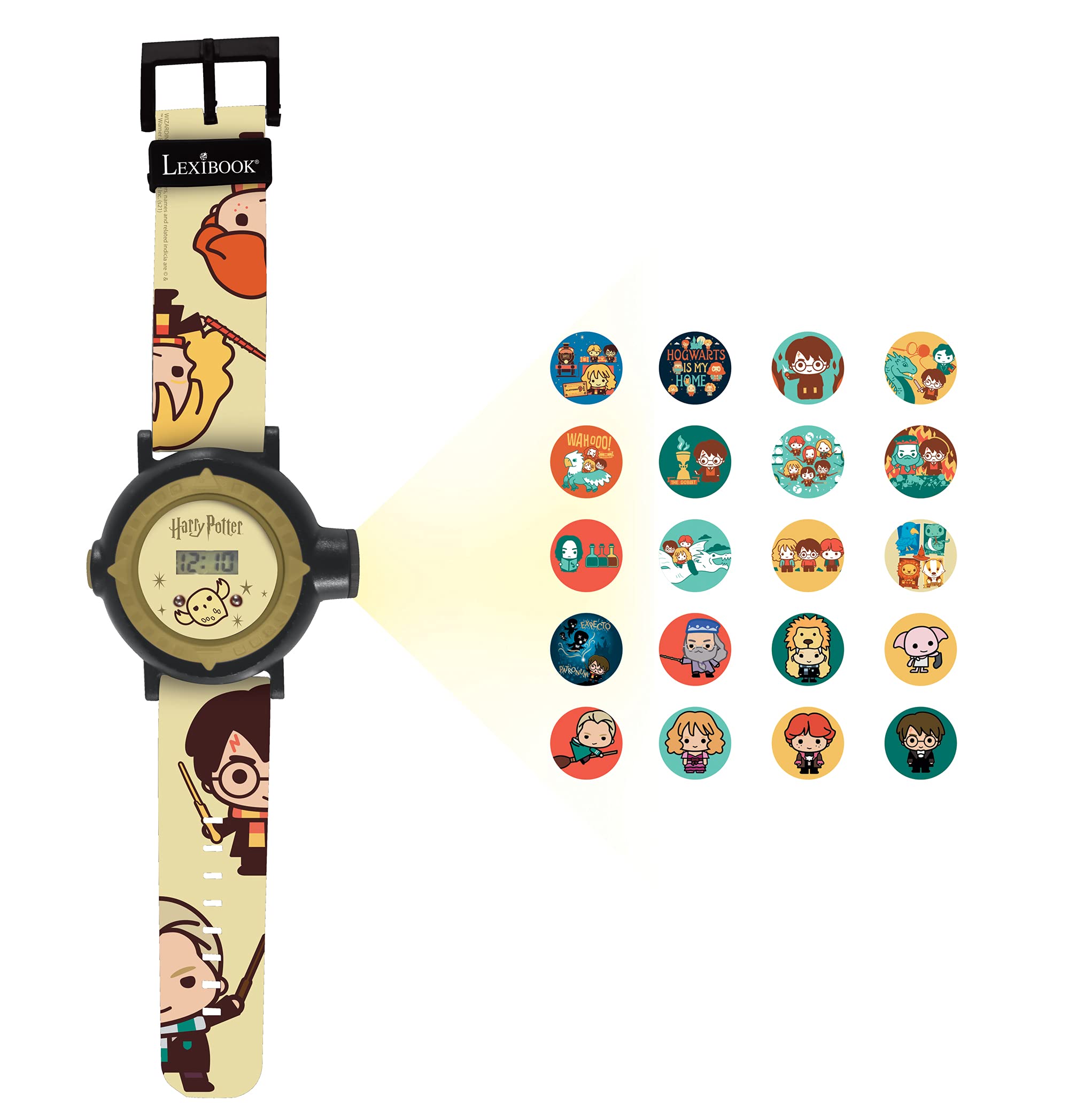 Lexibook Montre Bracelet Ajustable écran Digital avec 20 Projections de l'univers Harry Potter-Pour Enfant-Noir et Doré, DMW050HP