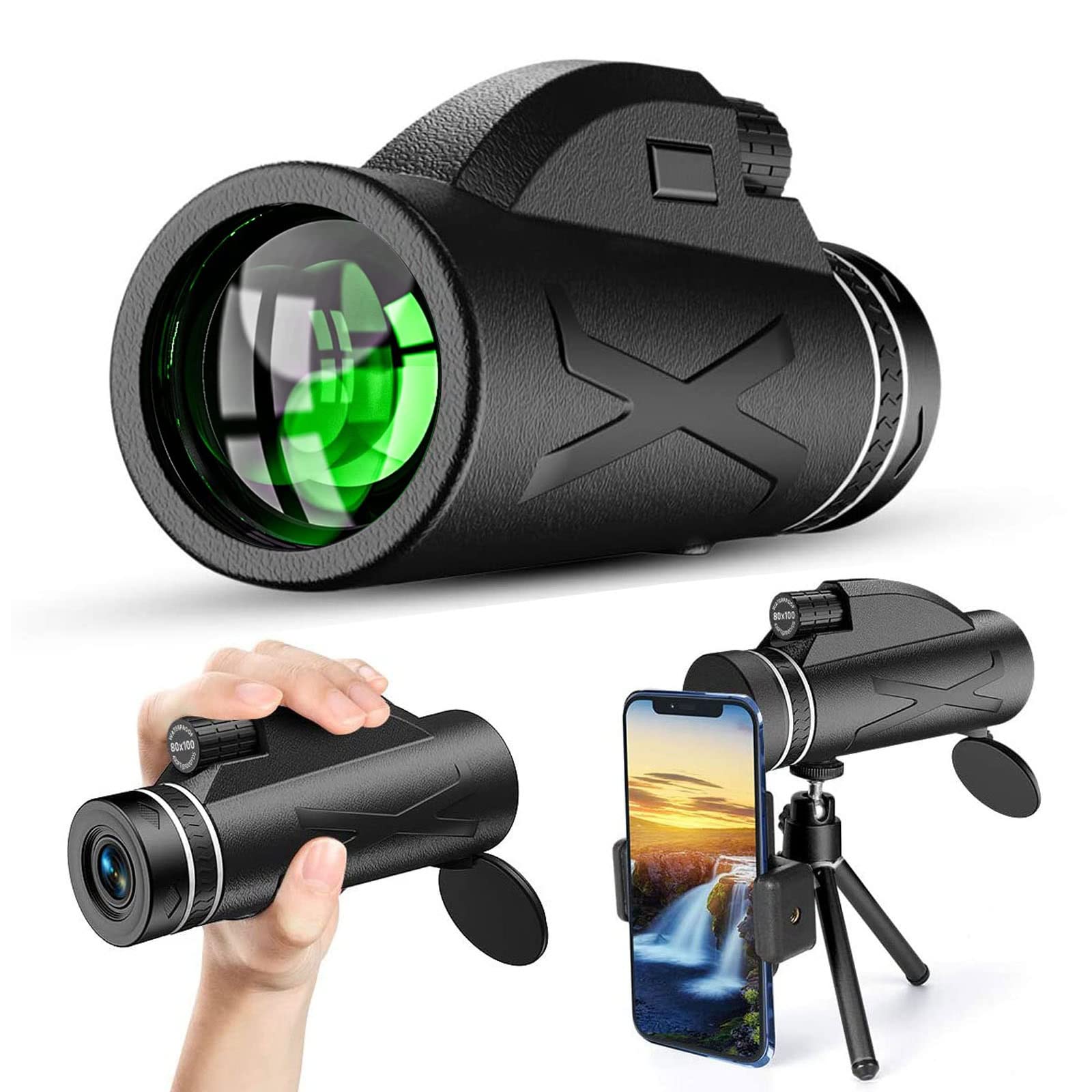 Monocular Telescope - 80x100 Compact High Power Monocular for Adults Kids HD Bifocal with Smartphone Holder and Tripod, Waterproof Fogproof Portable Prism for Wildlife Bird Watching Hunting Camping