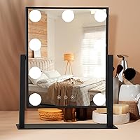 Makeup Mirror with Lights, Lighted Vanity Mirror with 9 Dimmable Bulbs, 3 Color Lighting Modes, Tabletop Light Up Makeup Mirror Detachable 10x Magnification, 360°Rotation, Smart Touch Control