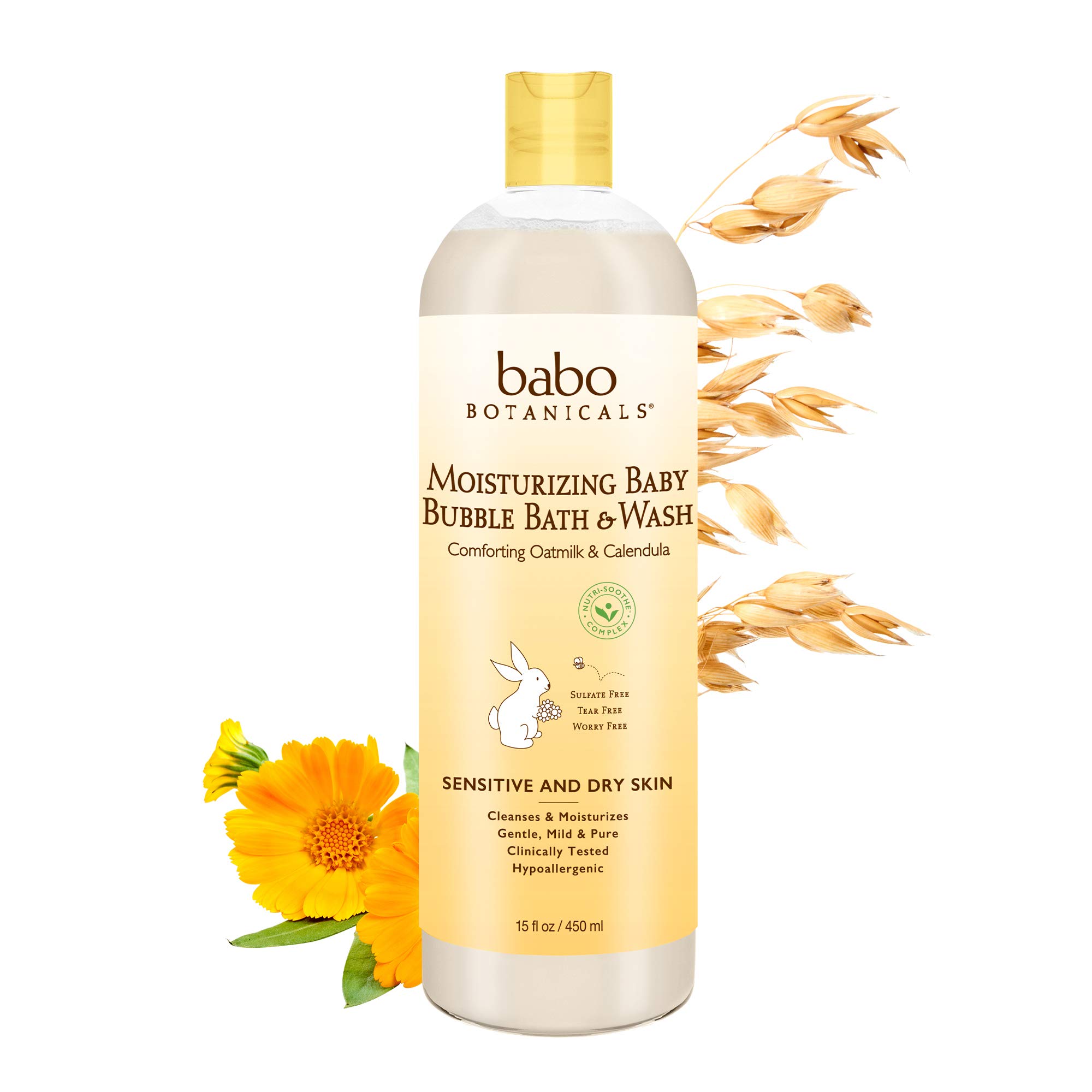 Babo Botanicals Moisturizing Plant-Based 2-in-1 Bubble Bath & Wash - with Organic Calendula & Natural Oat Milk - for Babies, Kids & Adults with Sensitive Skin - Hypoallergenic & Vegan