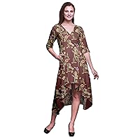 Bimba Cotton Printed Womens V Neck Asymmetrical Pocket Shift Causal Short Sleeve Summer Party Midi Dress