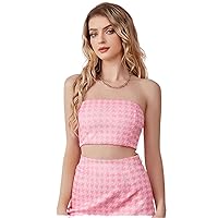 Houndstooth Print Tube Top (Color : Pink, Size : X-Large)