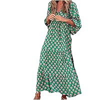 Women's Casual Summer Maxi Dress 2024 Fashion Printed Bubble Sleeve V Neck Smocked Tiered Ruffle Long Dresses