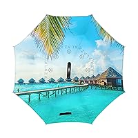ALAZA Summer Beach Maldives Tropical Palm Leaf Windproof Inverted Open Close Reverse Rain Umbrella Inside Out Quality Waterproof Parasol Upside Down Stick Shelter with Hook c Handle