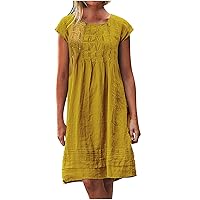 Women's Cotton Linen Dress Summer Short Sleeve Pleated Midi Dresses Plus Size Plain Loose Beach Party T Shirt Dress