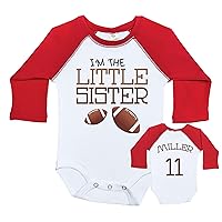 Custom Little Sister Baby Long Sleeve Raglan Onesie/I'm the LITTLE SISTER - FOOTBALL (Custom Name and Number)