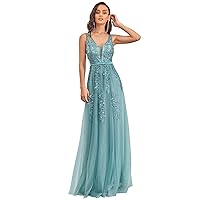 Ever-Pretty Women's V-Neck See-Through Lace Appliques Tulle Maxi Evening Dress 07543-USA