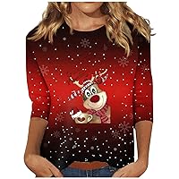 Women's 2023 Christmas Printed Blouse, Elegant 3/4 Sleeve Tops for Women Cute Crew Neck Top Trendy Plus Size Tops for Women