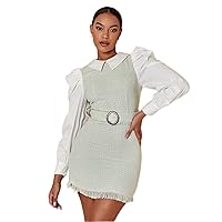 Dresses for Women Fringe Trim Puff Sleeve Belted Tweed 2 in 1 Dress (Color : Mint Green, Size : Small)