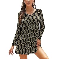 Bitcoin Sign Print Sundresses for Women Long Sleeve V Neck Print Mini Loose T-Shirt Dress