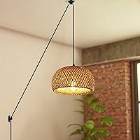 LUSTORM Bamboo Pendant Lighting for Kitchen Island, Pendant Hanging Fixture with 2 Wall Mounted Holders Plug in Industrial Chandelier Lights for Living Room, Bedroom, Dinner Room(11x5.9in)-1 Pack