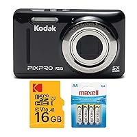Kodak PIXPRO Friendly Zoom FZ53 Digital Camera (Black) with 16GB SD Card and 4-Pack AA Spare Batteries Bundle (3 Items)