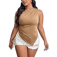 SOLY HUX Women's Plus Size One Shoulder Sleeveless Ruched Asymmetrical Hem Summer Tank Tops
