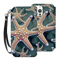 Beautiful Starfish Wallet Cases for iPhone 12 Pro with Card Holder - Flip Leather Phone Wallet Case Cover with Card Slots and Wrist Strap,6.1 Inch