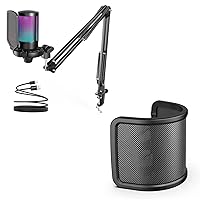FIFINE Gaming PC Microphone with Boom Arm for Computer Bundle, RGB Mic with Mute Button for Streaming Online Chat Gamer Youtuber Set-AmpliGame (A6T+U1)