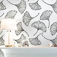 17.3In×393.7In Removable Self-Adhesive Wallpaper for Bedroom White and Black Peel and Stick Wallpaper Ginkgo Leaves Contact Paper for Bathroom Living Room Vinyl Wallpaper