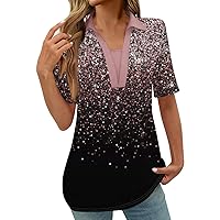 Workout Tops for Women Polo Shirts V Neck Short Sleeve Geometry Printed Blouse Fashion Casual Golf Shirts
