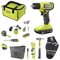 Buho Household Tool Kit Accessory Bundle - Ryobi 18V Cordless Drill Driver 1.5 Ah Battery Charger Hand Tools Drill Bits Tool Bag Holster Pouch Flashlight
