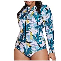 Plus Size Long Sleeve Swim Suits Womens One Piece Zip Rash Guard Bathing Suit