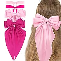 WHAVEL 4PCS Hair Bow Ribbon for Hair, Bow Hair Clips With Long Tail Silky Satin Bow Clips Black Bow White Hair Bow Cute Hair Clips (Pink,Hot pink)