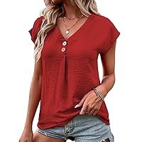 Womens Casual Button Front Top V Neck Cap Sleeve Blouse Summer Batwing Sleeve Solid Color Tshirt Work Office Shirt