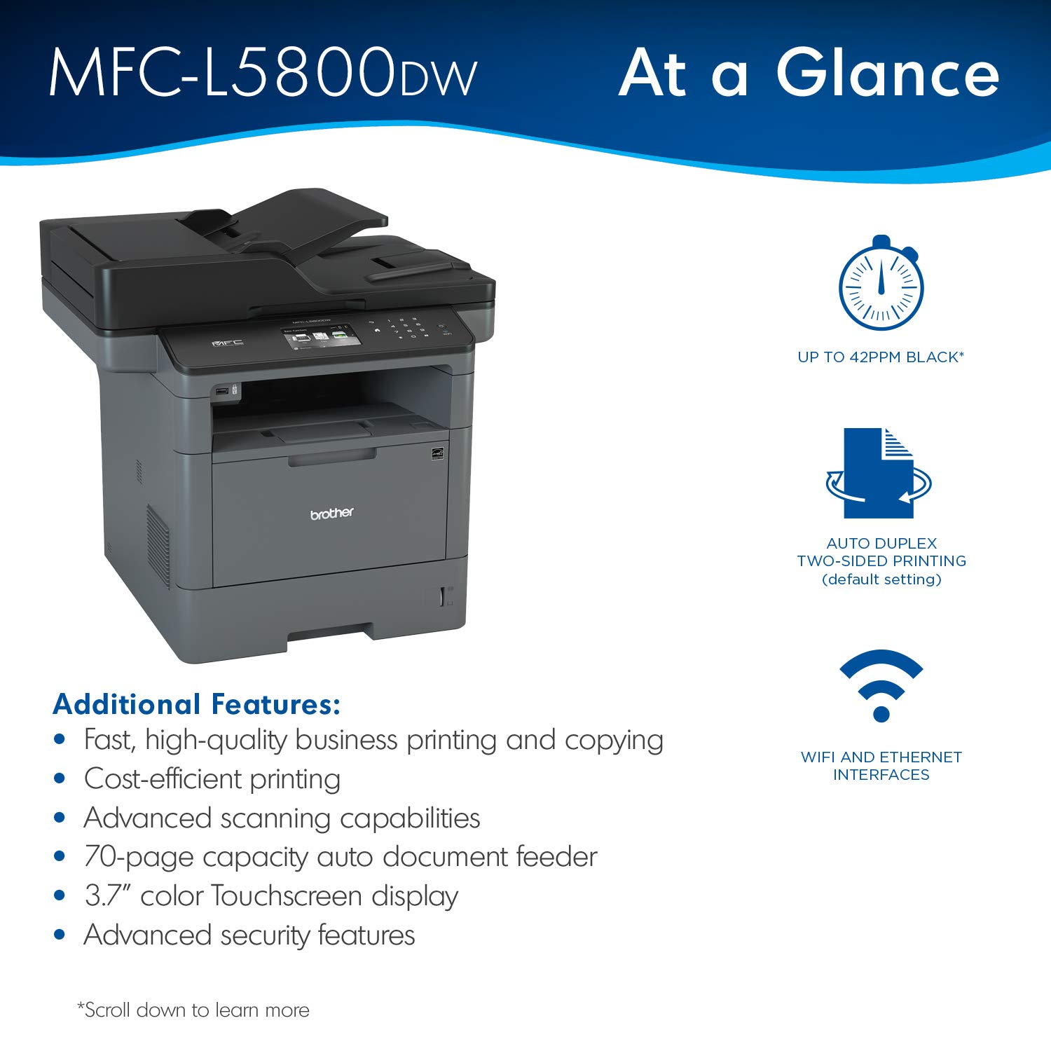 Brother Monochrome Laser Printer, Multifunction Printer, All-in-One Printer, MFC-L5800DW, Wireless Networking, Mobile Printing & Scanning, Duplex Printing, Amazon Dash Replenishment Ready