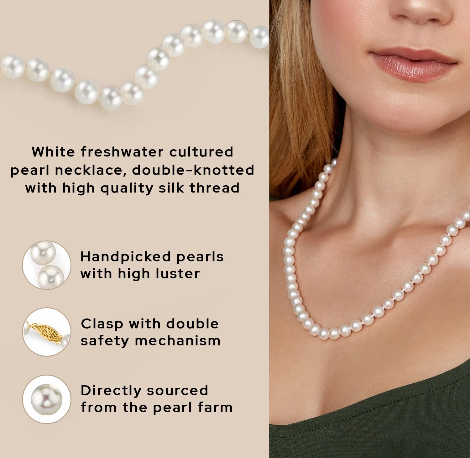 The Pearl Source Real Pearl Necklace for Women with AAA+ Quality Round White Freshwater Genuine Cultured Pearls | 18 inch Pearl Strand with 14K Gold Clasp