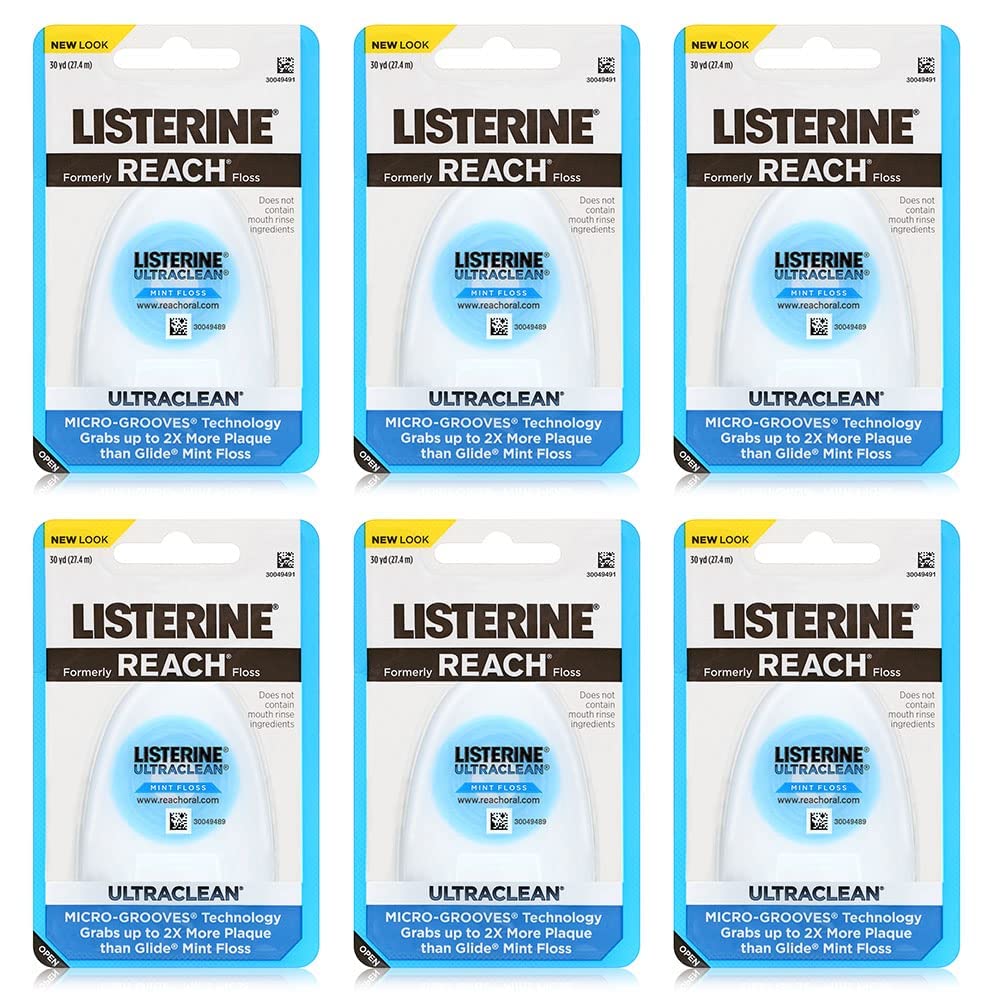 Listerine Ultraclean Waxed Mint Dental Floss Bundle | Effective Plaque Removal, Teeth & Gum Protection | Shred-Resistant , PFAS FREE | 30 Yards, 6 Pack ( Packaging may vary )