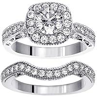 1.64 CT TW GIA Certified Halo Designer Brilliant Cut Diamond Engagement Bridal Set in 18k White Gold