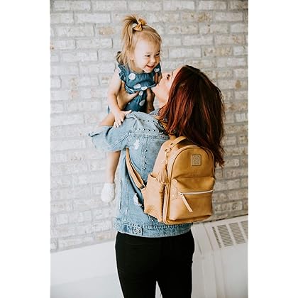 Chelsea + Cole for Itzy Ritzy Mini Diaper Bag Backpack - Studded Mini Diaper Bag Backpack with Changing Pad, 8 Pockets, Rubber Feet & Tassel; Caramel with Sweetheart Print Interior and Gold Hardware