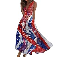 Flag Dresses Sundresses for Women, 2024 Summer American Flag Print Patriotic Dresses, Flowy Sleeveless Deep V Neck Tunic Dress Red 3X-Large