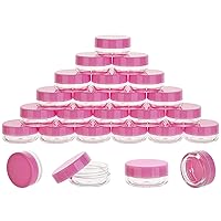 25 Count 3 Gram Sample Containers, Clear Lip Balm Containers with Lids, Small Plastic Sample Jars with 2 Mini Spoons, 25pcs Labels (Pink Lid)