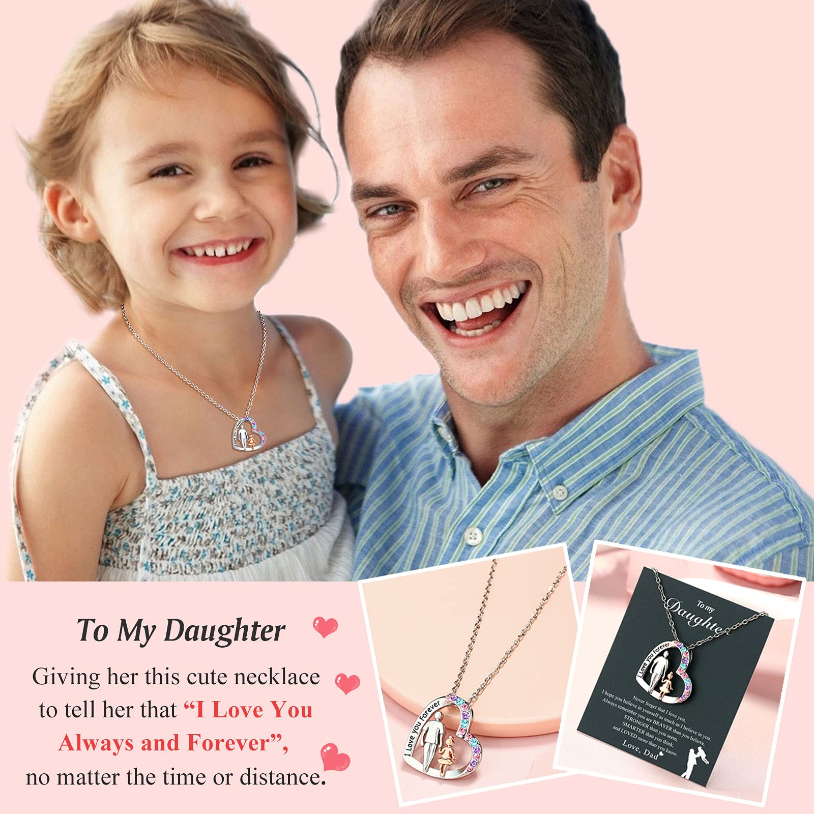 UNGENT THEM Daughter Love You Forever Heart Pendant Necklace from Dad, Birthday Christmas Valentine's Day Gifts for Teen Girls Women