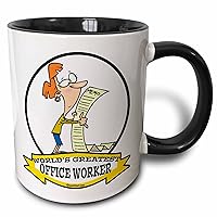 3dRose Funny Worlds Greatest Office Worker Female Occupation Job Cartoon Two Tone Mug, 11 oz, Black/White