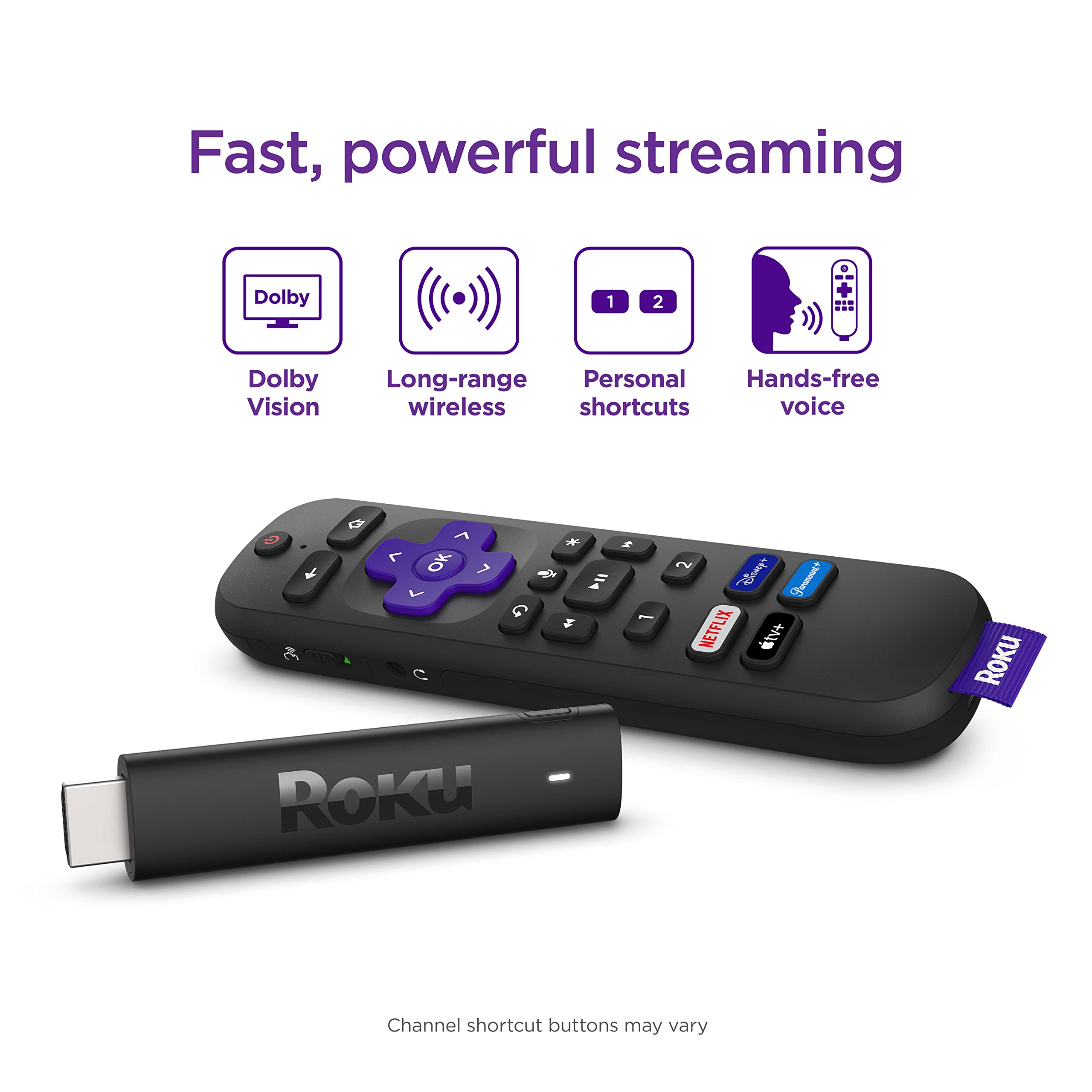 Roku Streaming Stick 4K+ | Portable Roku Streaming Device 4K/HDR/Dolby Vision, Rechargeable Roku Voice Remote Pro, Hands-Free Controls, Lost Remote Finder, Free & Live TV