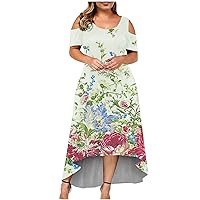 Women's Plus Size Cold Shoulder Floral Dresses V Neck Wrap Maxi Dress High Waist Ruffle Summer Casual Dress