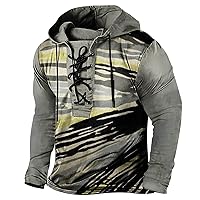 Mens Lace Up Henley Hoodies Solid Color Retro Cotton Muscle Pullover Western Tactical Casual Work Tops Slim Y2K Tees