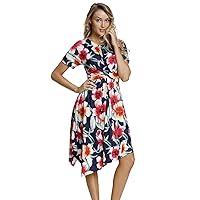 Womens Short Sleeve Floral Print Twist Front Handkerchief Hem Dress