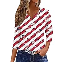 Oversized Henley Shirts for Women,3/4 Length Sleeve Womens Tops Button Henley V Neck Shirts Henley 2024 Summer Blouses Dressy Fashion Print Clothes Cotton 3/4 Sleeve Tops for Women