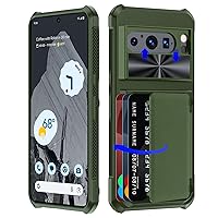 CENMASO for Google Pixel 8 Pro Case with Wallet Card Holder & Sliding Camera Cover & Kickstand, Military Drop Protection & TPU Edge Phone Case for Pixel 8 Pro 6.7 Inch-Green