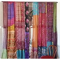 EthinicCraftHub® 1 Pair of Indian Vintage Silk Blend Sari Multi Color (Assorted Color) Handmade Patchwork Curtains Drapes Home Decor Curtain/Panels