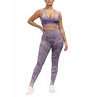 Women's Workout Outfit Set Active 2 Pieces Camo Seamless Yoga Leggings with Paded Sports Bra Racer Back Purple